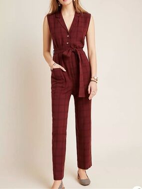 Anthropologie Brielle Plaid Jumpsuit size XS Red Belted Sleeveless